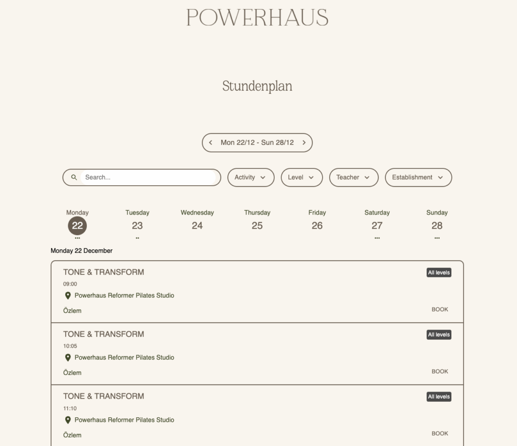 Reformer Pilates Studio Class Schedule by Bsport