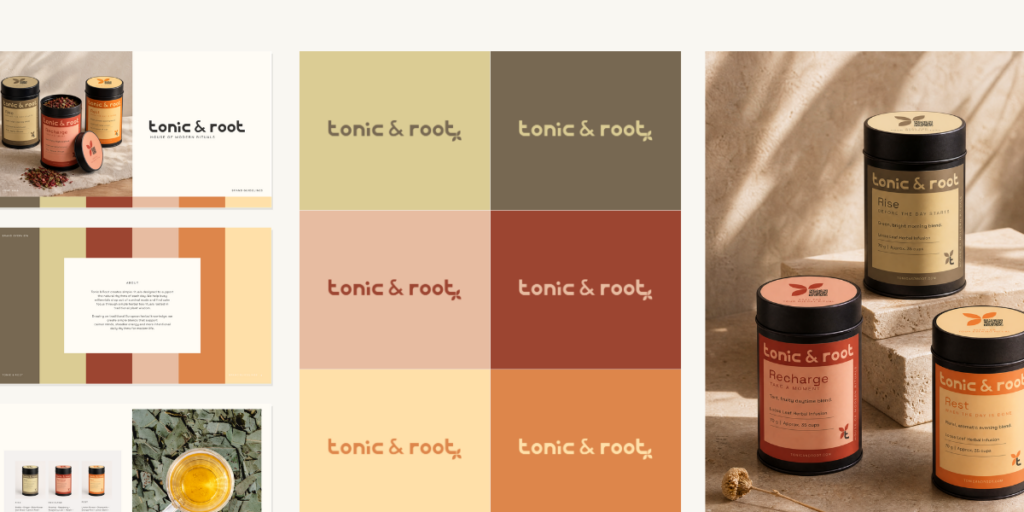 Tonic & Root brand identity board showing brand guidelines, logo variations across an earthy color palette of olive, terracotta, and warm ochre, alongside packaging mockups and loose-leaf tea photography.