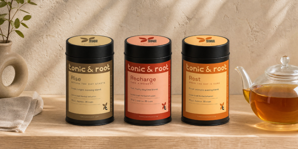 Three Tonic & Root herbal tea tins — Rise, Recharge, and Rest — lined up on a wooden surface with a glass teapot and dried herbs, showing the brand's earthy morning, midday, and evening color palette.